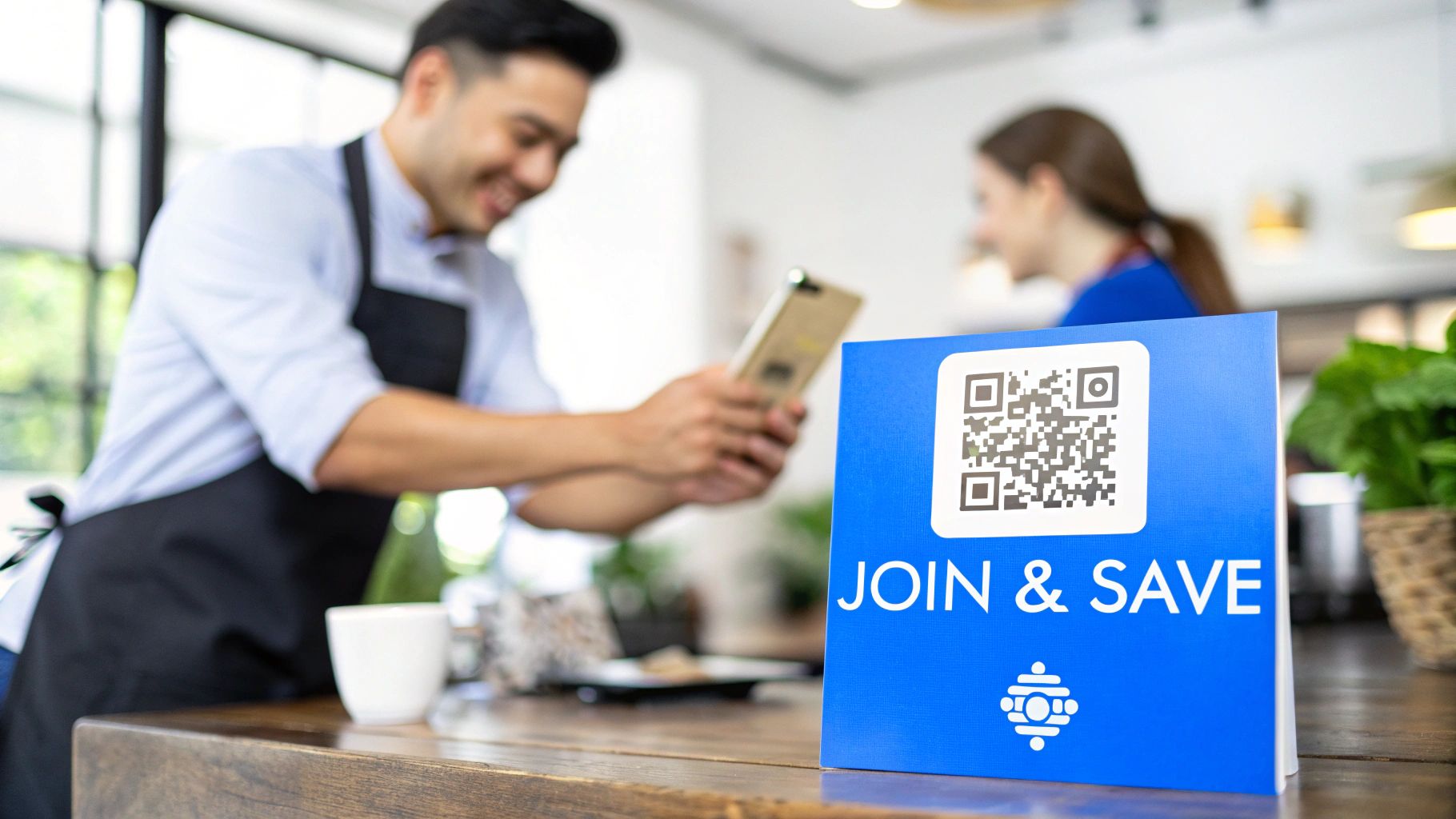 A customer scanning a QR code on a coffee shop counter with their phone.