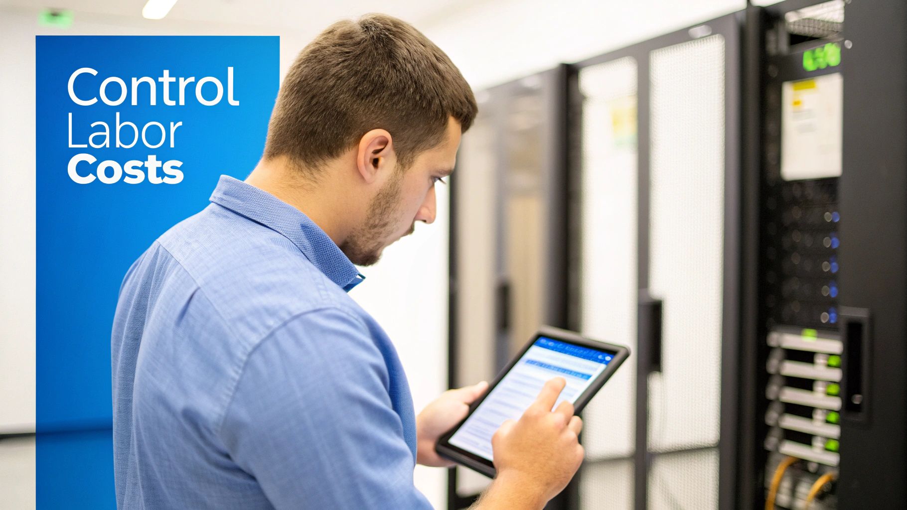 Professional using tablet to monitor and control labor costs in modern server room facility