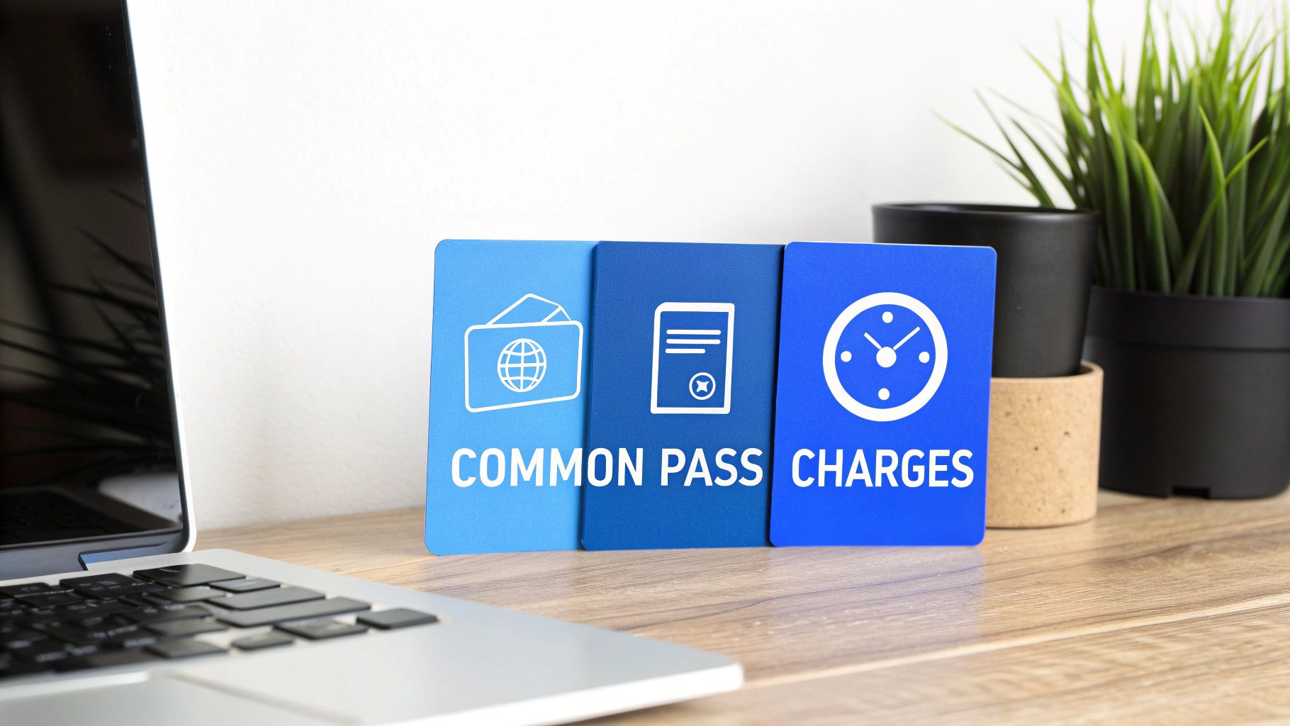 Three blue cards displaying common pass charges icons including globe, document, and clock on wooden desk