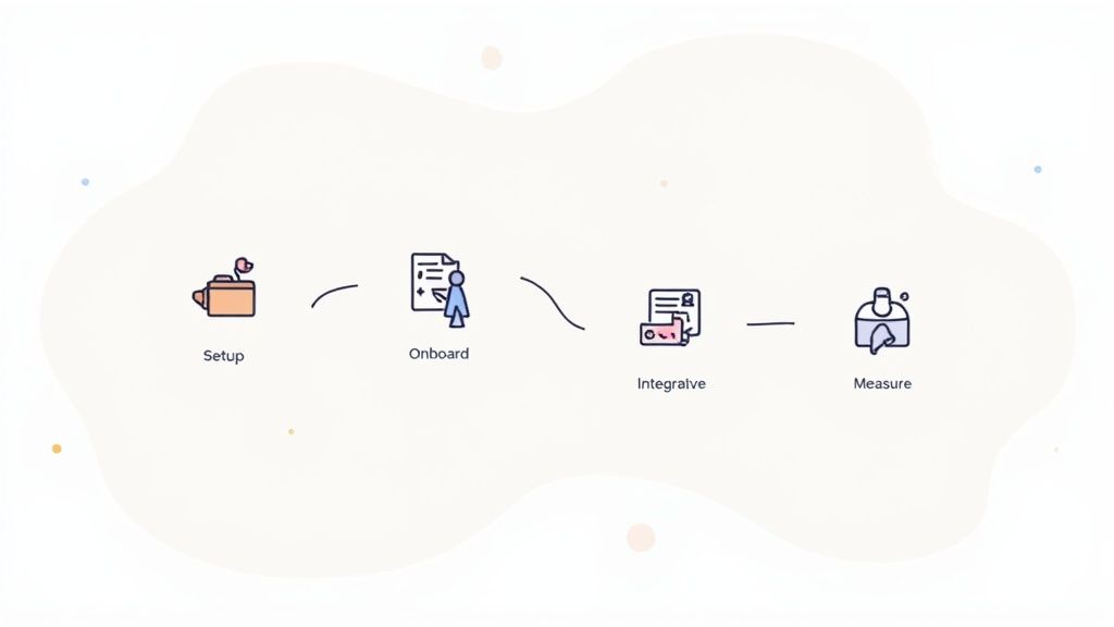 An illustrated four-step process shows workflow stages: setup, onboard, integralve, and measure.