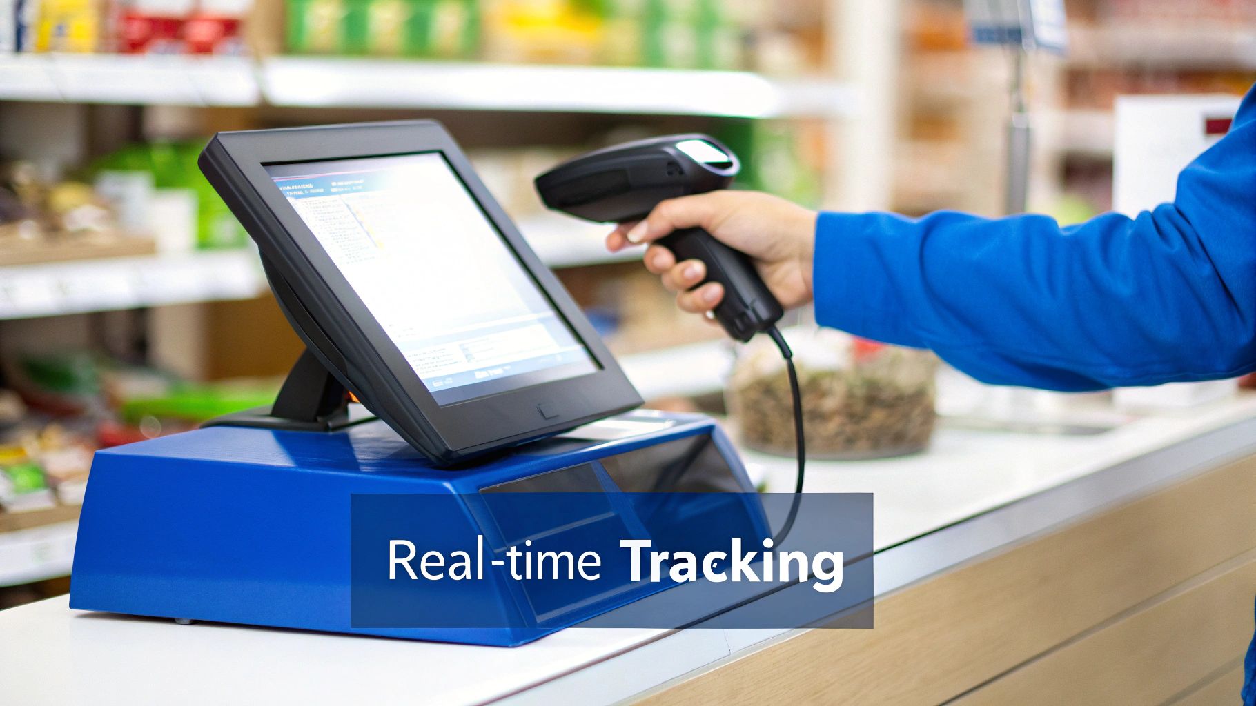 Store employee using barcode scanner with point of sale system for real-time inventory tracking