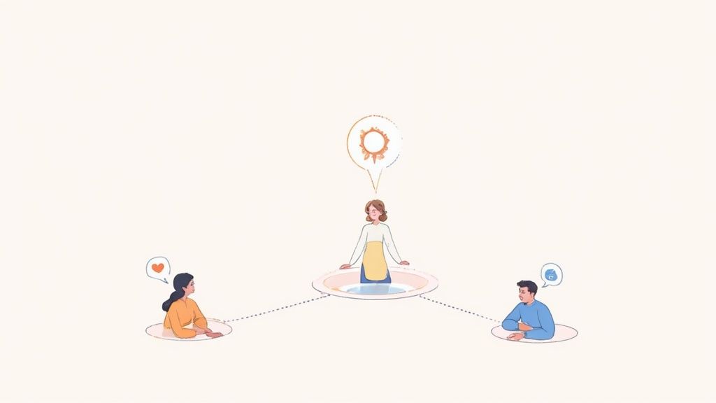 A central leader connects with two remote team members, addressing emotions and fostering solutions.