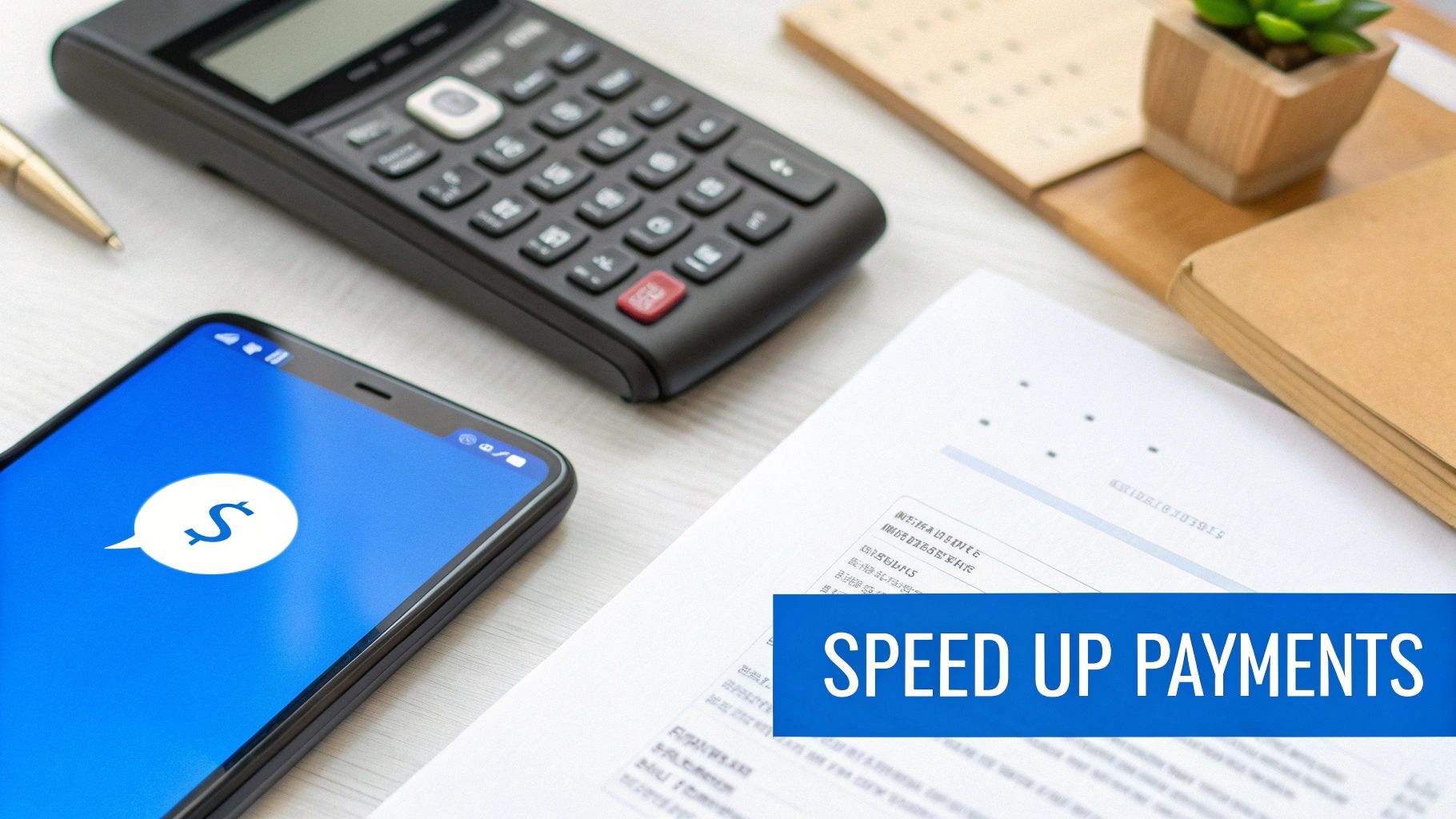 A smartphone displaying a money symbol, calculator, papers, and pen on a desk, with text 'SPEED UP PAYMENTS'.