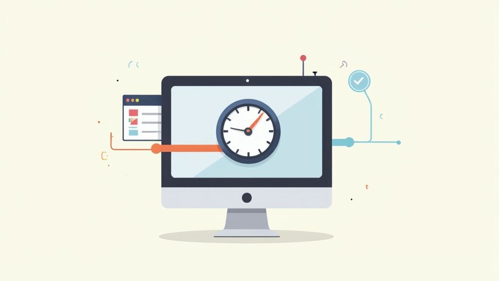 An infographic-style illustration showing dashboard elements like time tracking, application usage, and screen capture icons.