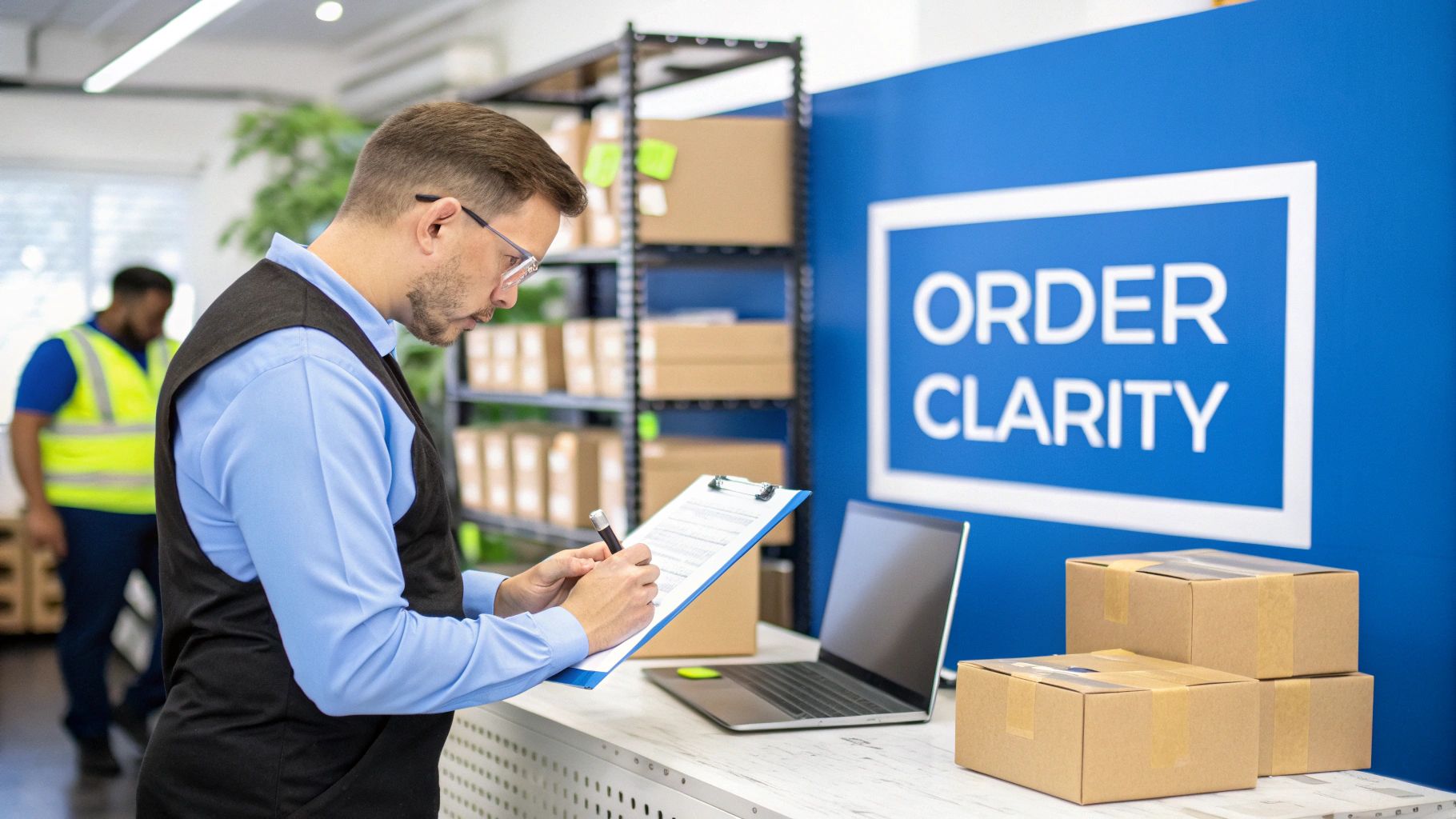 A person carefully reviewing a purchase order document on a clipboard.