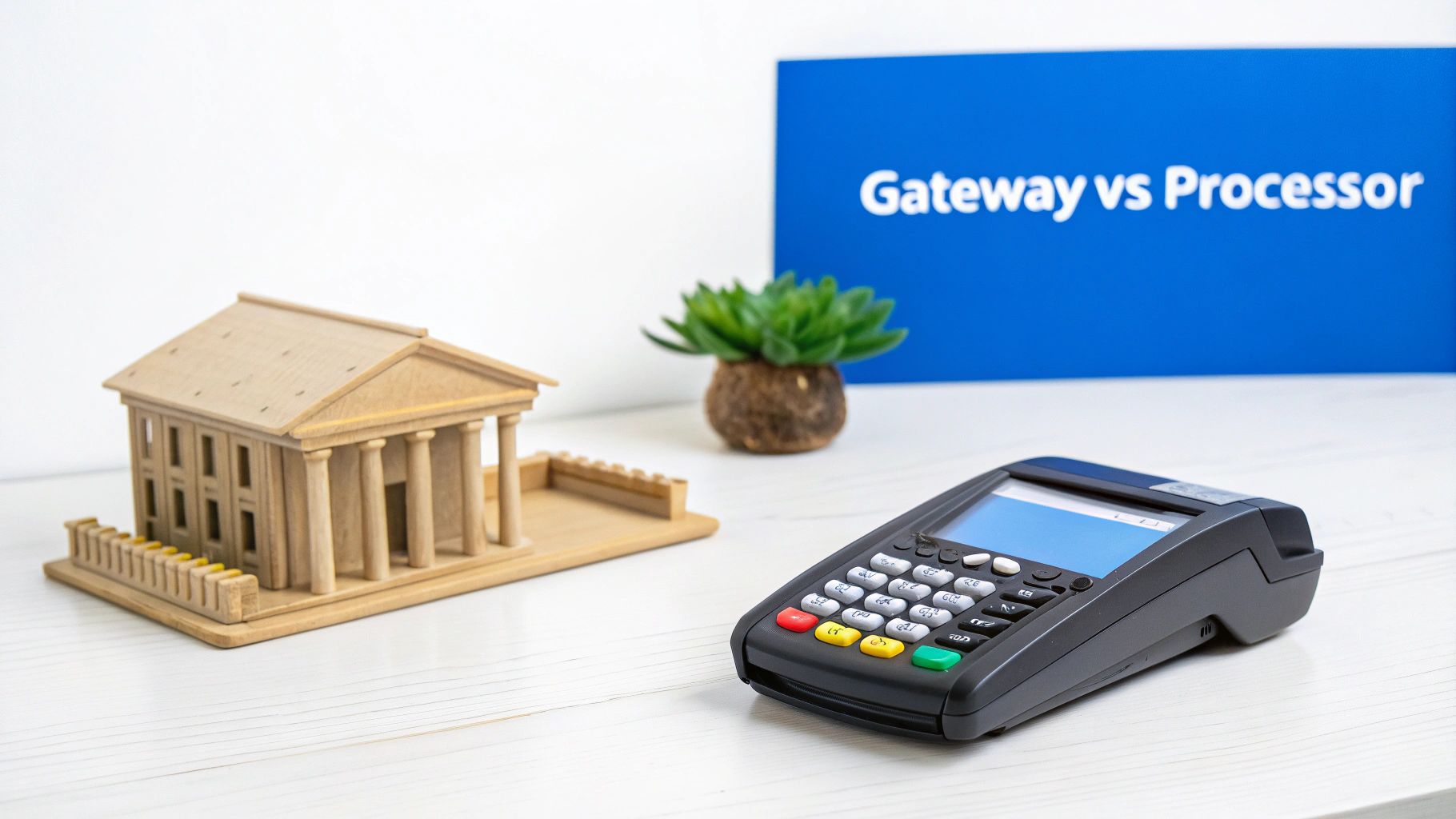 A miniature bank model, POS terminal, and a blue sign saying 'Gateway vs Processor' on a table.
