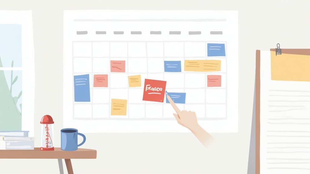 A hand places a red sticky note labeled 'Frasco' on a white calendar with colorful task notes.