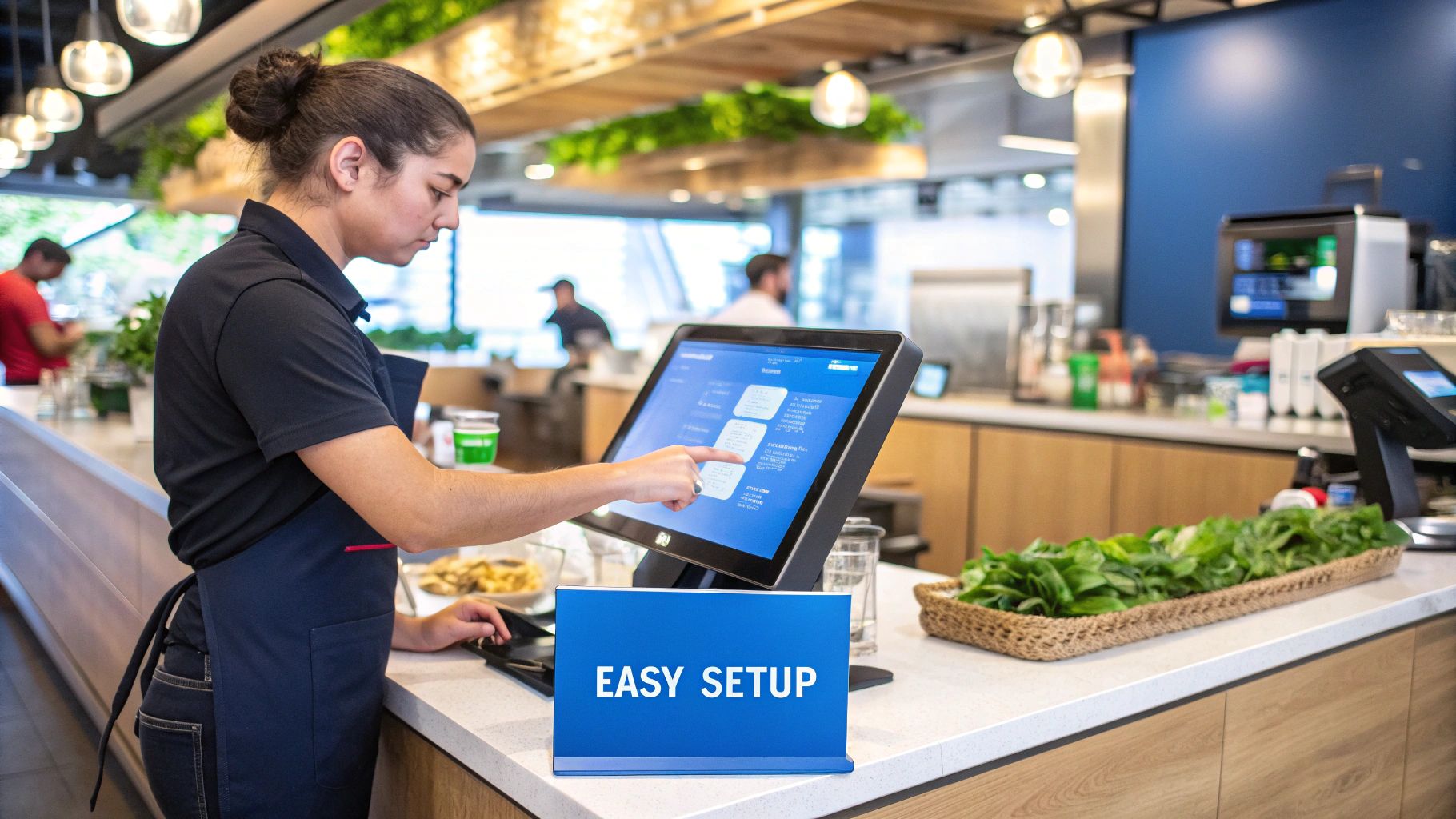 A person interacting with the user-friendly interface of a self ordering kiosk for restaurants.
