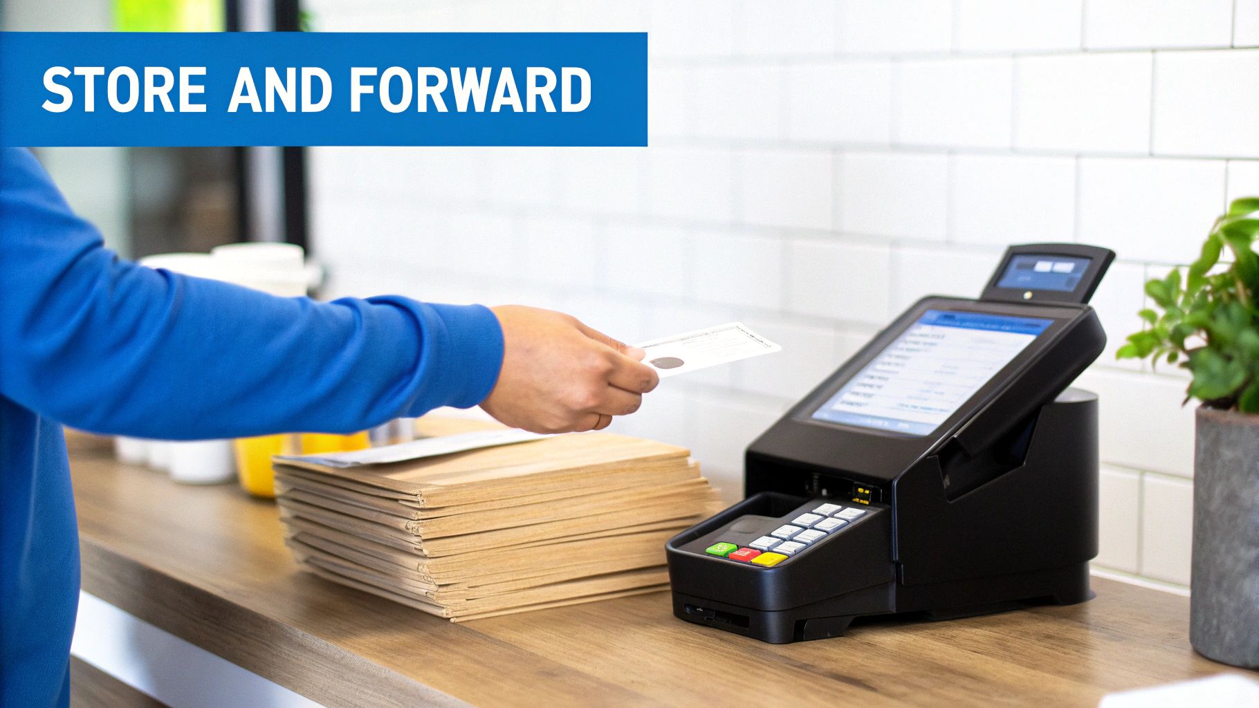 A customer holding a payment card near a POS terminal on a wooden counter with paper bags.