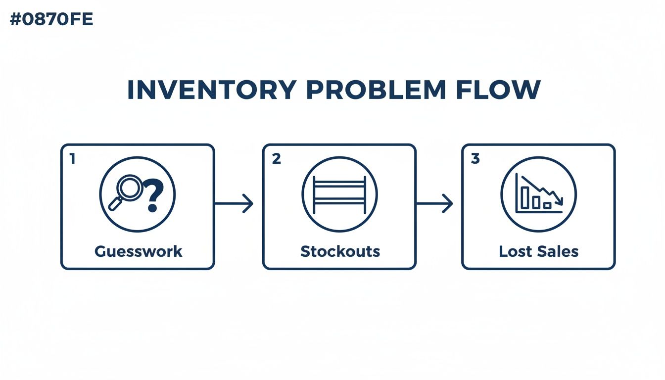 Flowchart illustrating the 'Inventory Problem Flow' where guesswork leads to stockouts and lost sales.