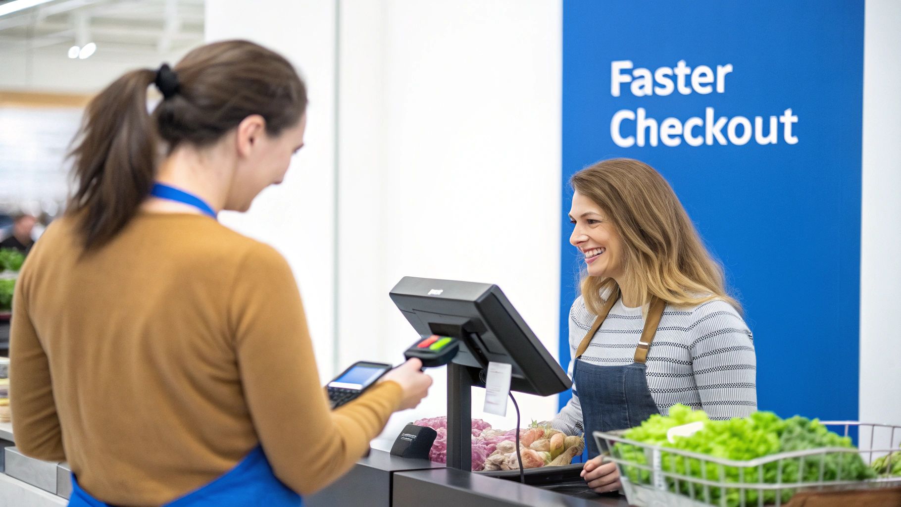 Store employee using POS barcode scanner at faster checkout counter with smiling customer