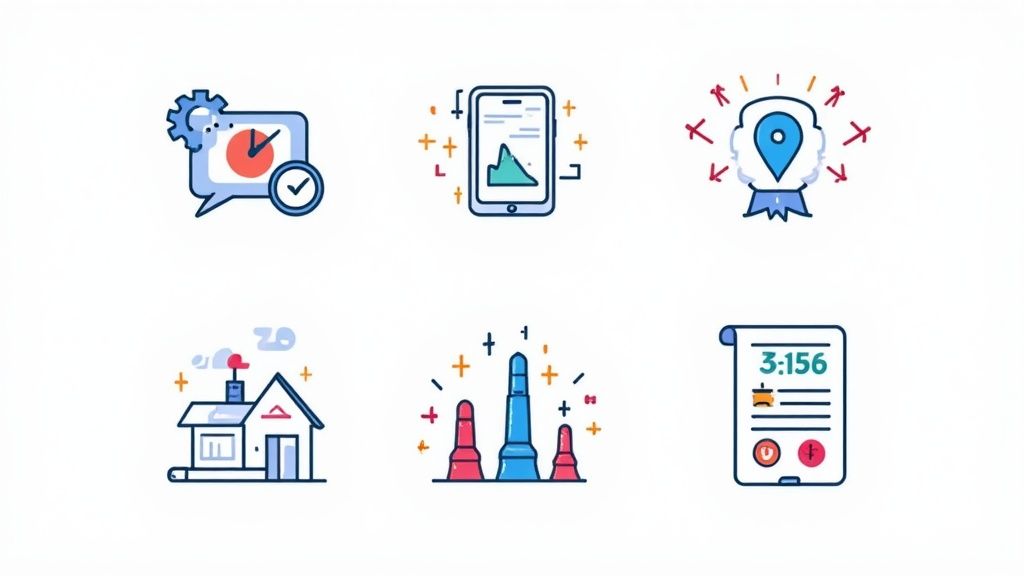 Set of six colorful flat design icons illustrating concepts like task management, mobile analytics, location, property, industry growth, and reporting.