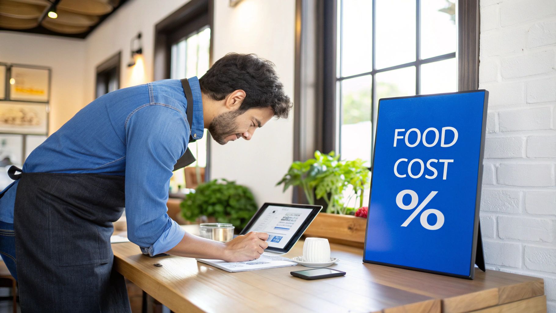 A male cafe owner analyzes business expenses on a tablet, near a blue 'FOOD COST %' sign.