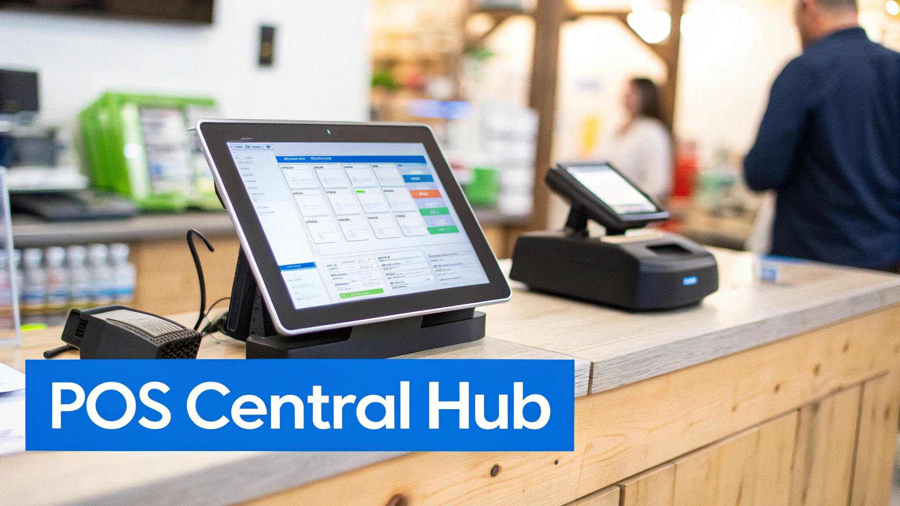 A modern POS system with two screens on a wooden counter in a retail store setting.