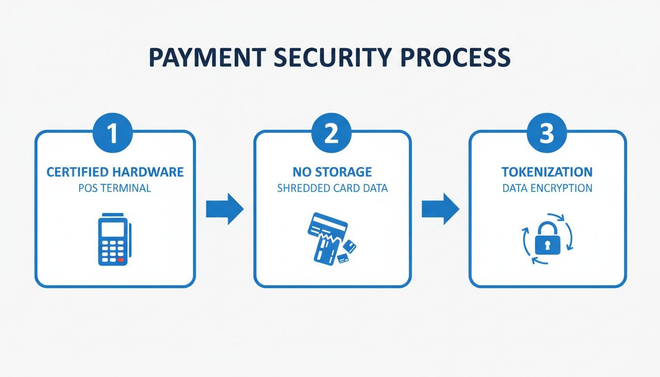 A three-step payment security process showing certified hardware, no card data storage, and data encryption.