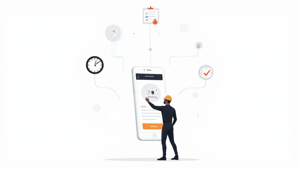 Contractor using a mobile app for digital time and task tracking with various icons.