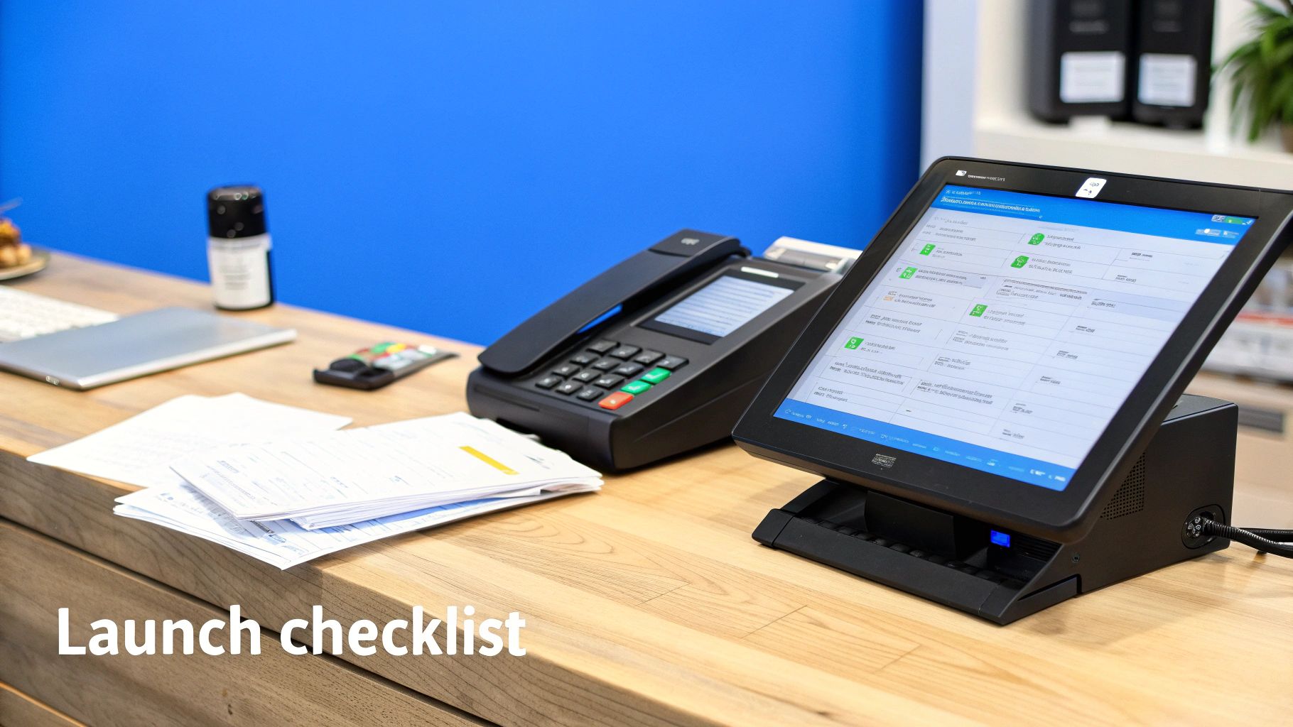 A modern point-of-sale system and a payment terminal on a wooden counter with papers.
