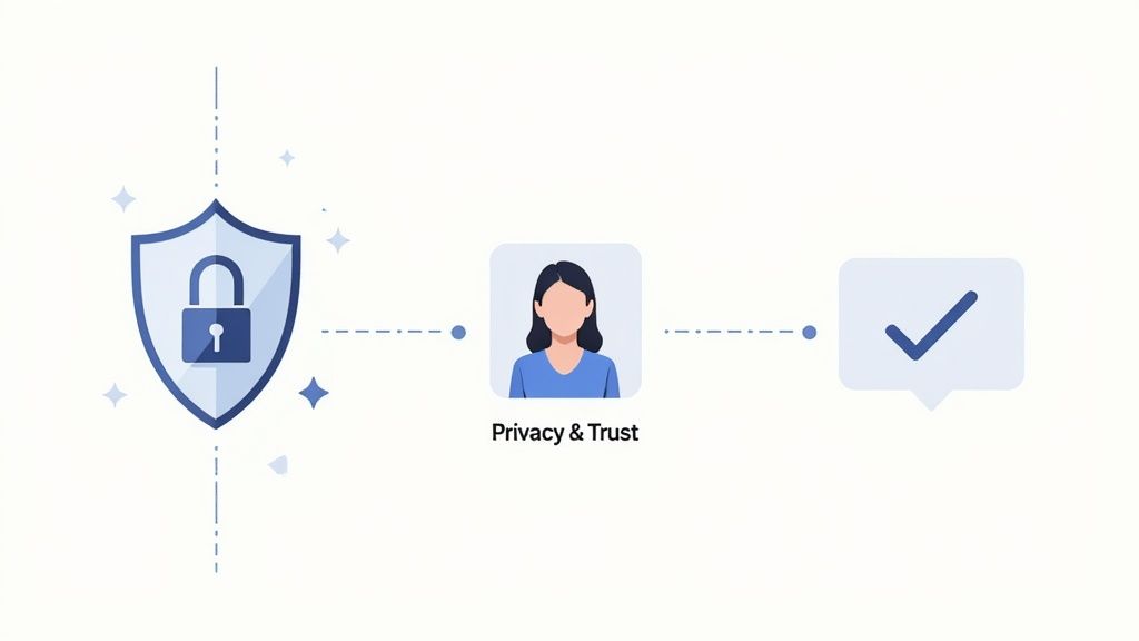 Illustration of digital privacy and trust, featuring a shield with a lock protecting a user and a checkmark.