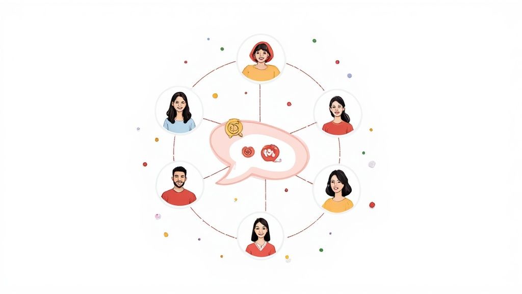 Illustration of a diverse team communicating through a central chat application.