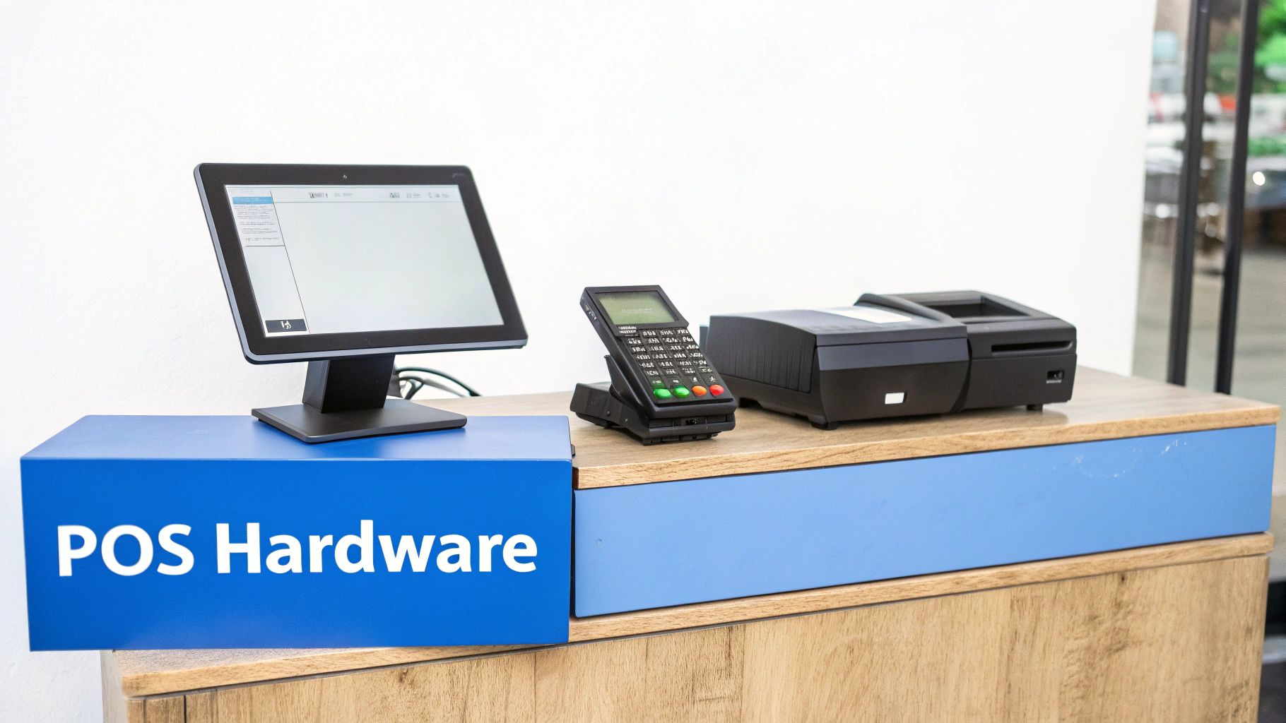 A collection of POS hardware components on a counter, including a terminal, card reader, and receipt printer.