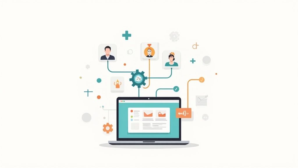 Digital marketing automation workflow connecting laptop with team members and communication channels illustration