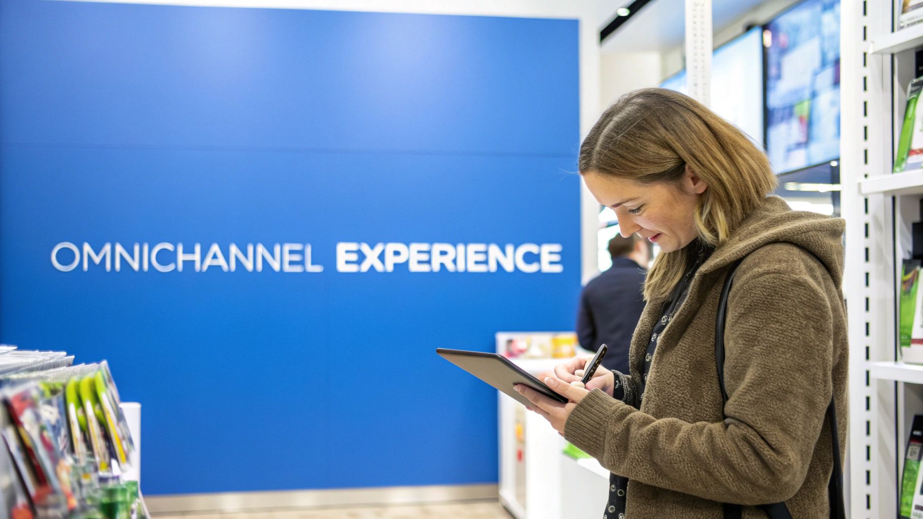A person using their phone to scan a QR code on a product in a retail store, showing an omnichannel experience.