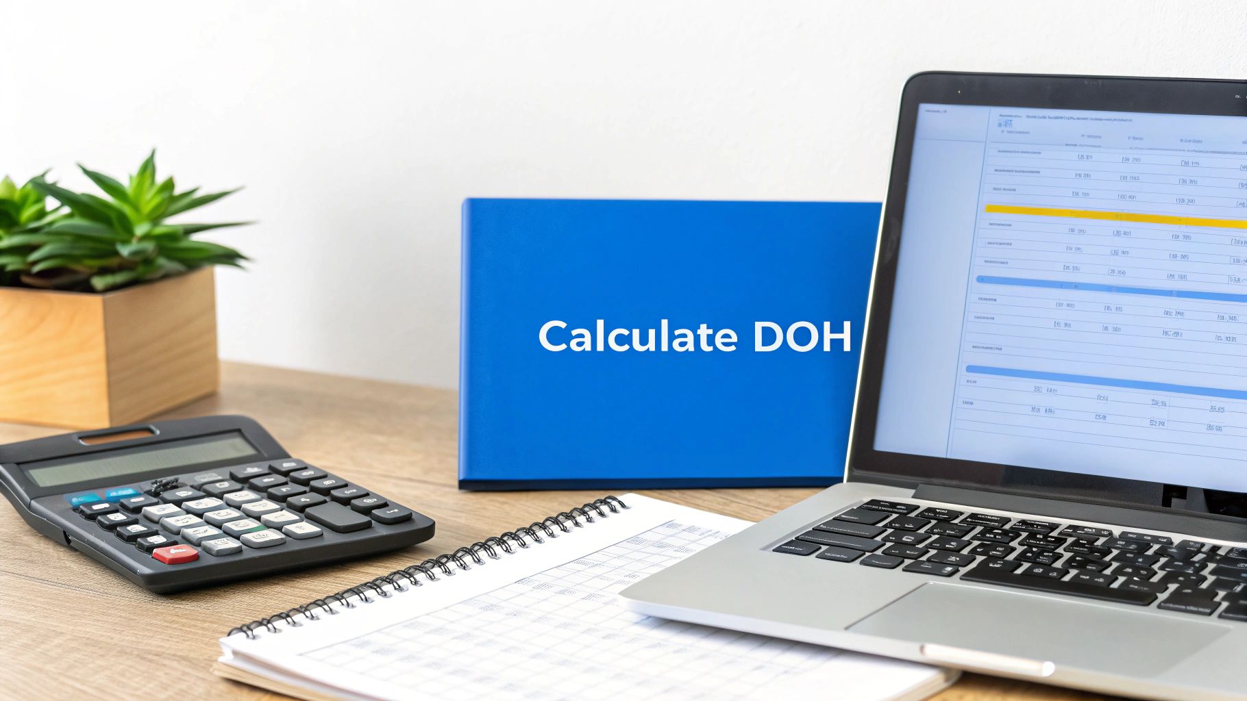 Calculator and laptop displaying spreadsheet for calculating days on hand inventory metrics on wooden desk