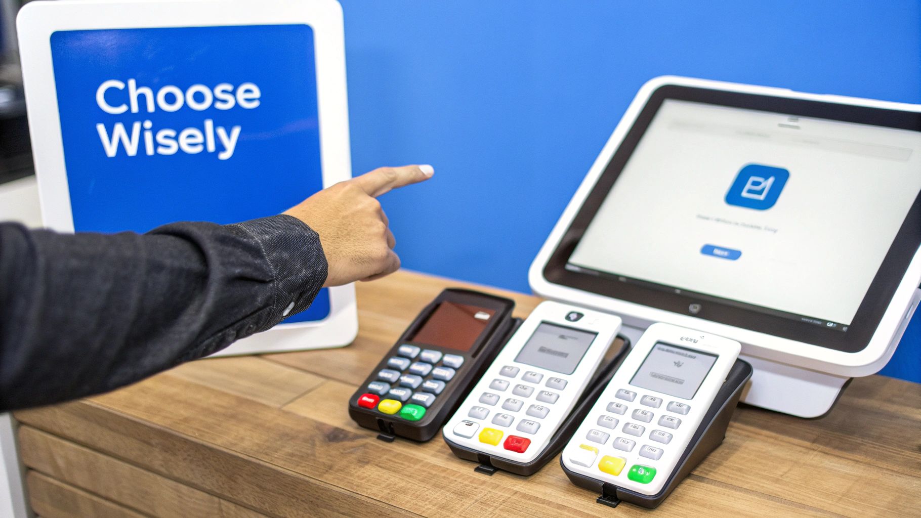 A hand points towards a 'Choose Wisely' sign, with mobile payment terminals and a display screen on a wooden counter.