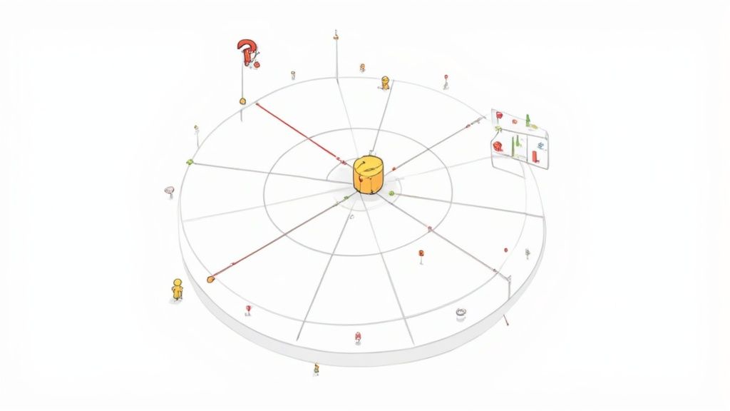 A visual diagram of a circular project management model with a central hub and various interconnected elements.