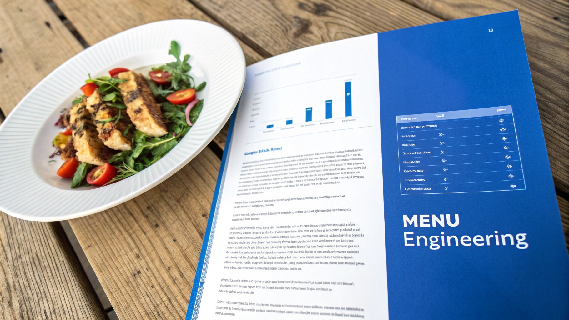 Chef reviewing a restaurant menu layout in a brightly lit kitchen.