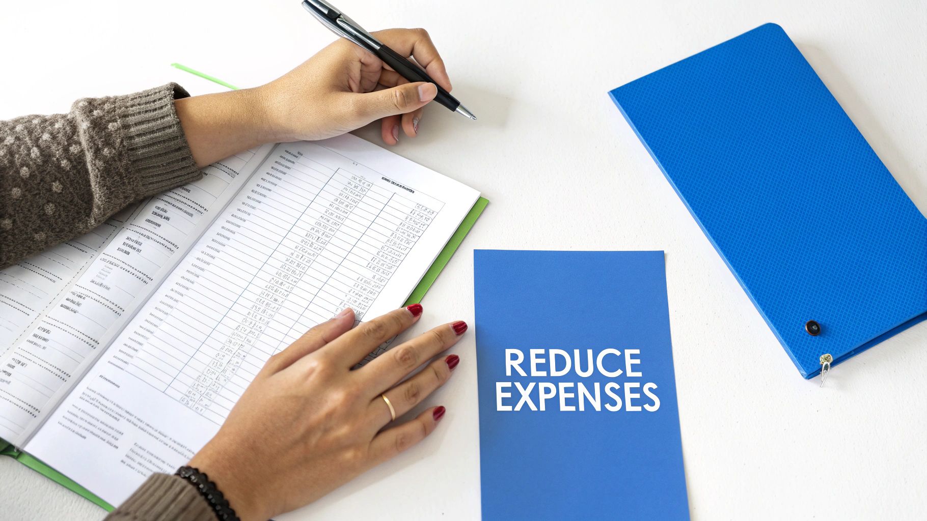 A person reviews financial documents with a pen, next to a blue card saying "REDUCE EXPENSES."