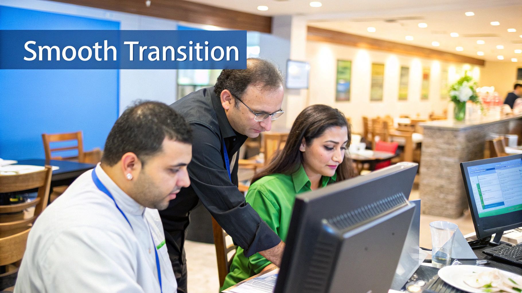 A restaurant team is gathered around a laptop, learning how to use new inventory software with a trainer.