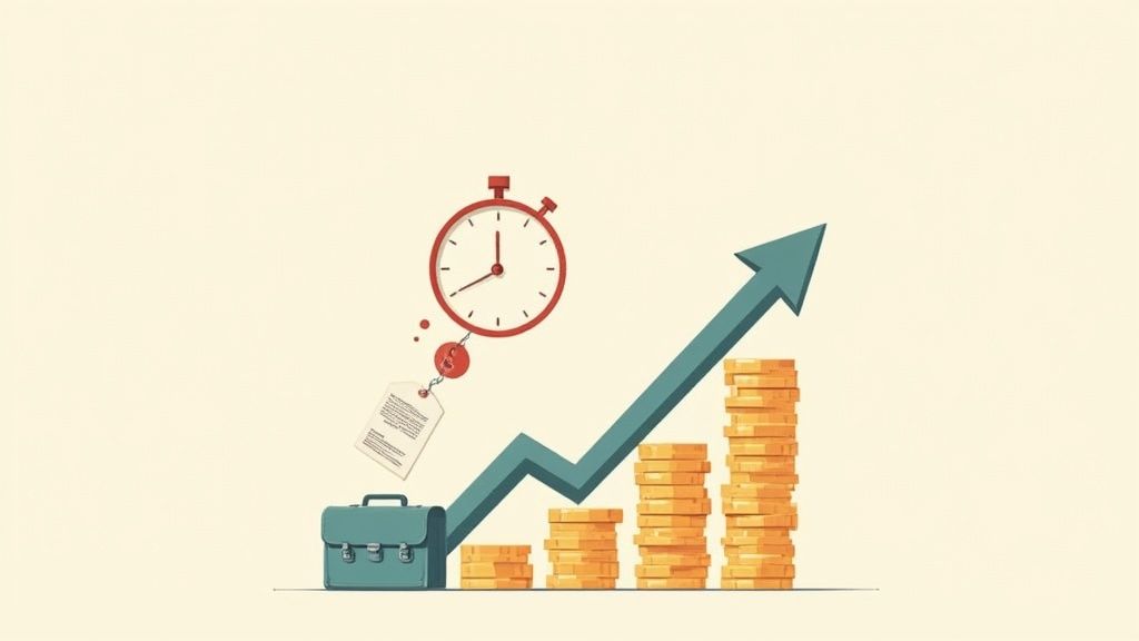 Upward trending arrow over stacked coins with stopwatch and briefcase representing time tracking and productivity growth