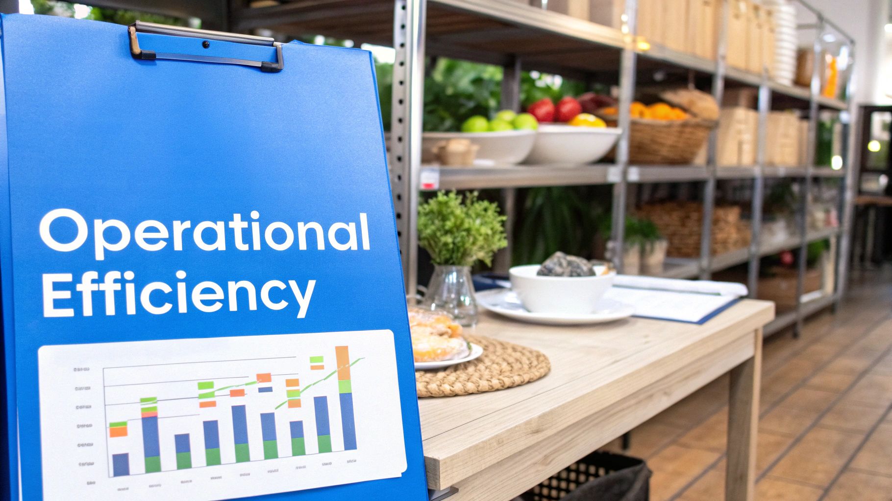 A blue sign displaying 'Operational Efficiency' and a bar chart, with restaurant shelves in the background.