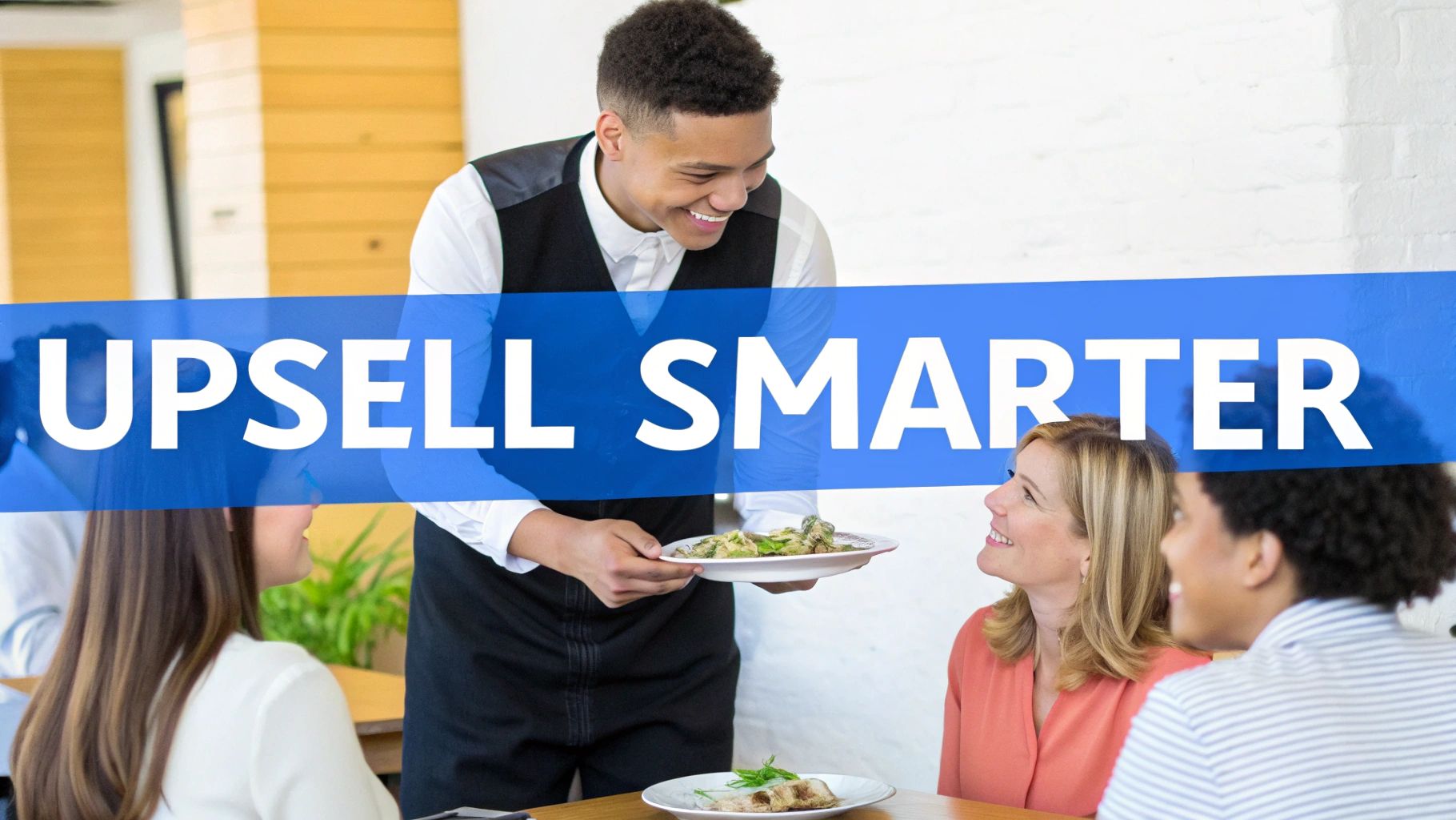 A server smiling while taking an order from a customer in a restaurant