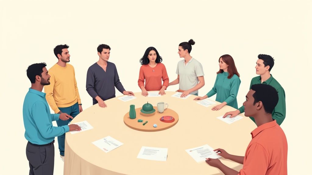 Diverse team of professionals gathered around table discussing documents during project meeting