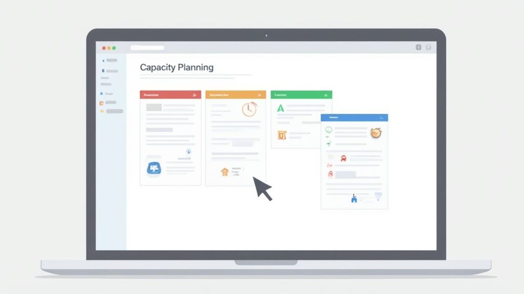 Laptop displaying capacity planning software interface with resource allocation cards and workflow management dashboard