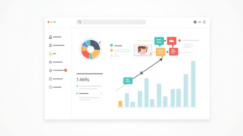 Modern analytics dashboard interface with a pie chart, upward trending bar graph, and a workflow diagram.