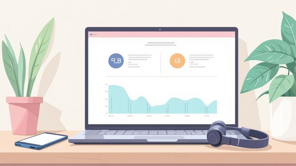 A clean, modern workspace with a laptop displaying data, plants, phone, and headphones.