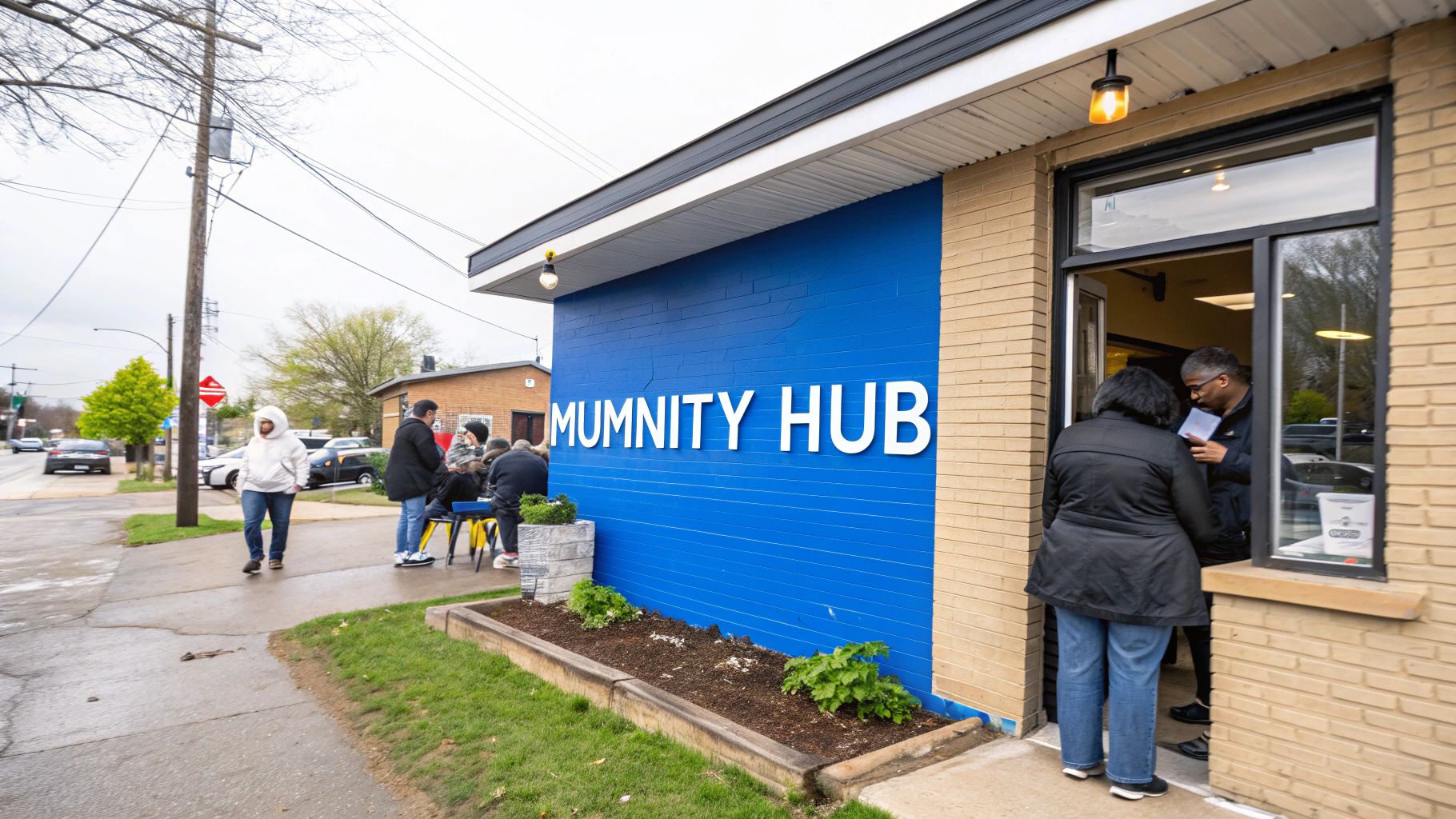 A group of friends laughing and sharing a meal at a bustling outdoor restaurant patio