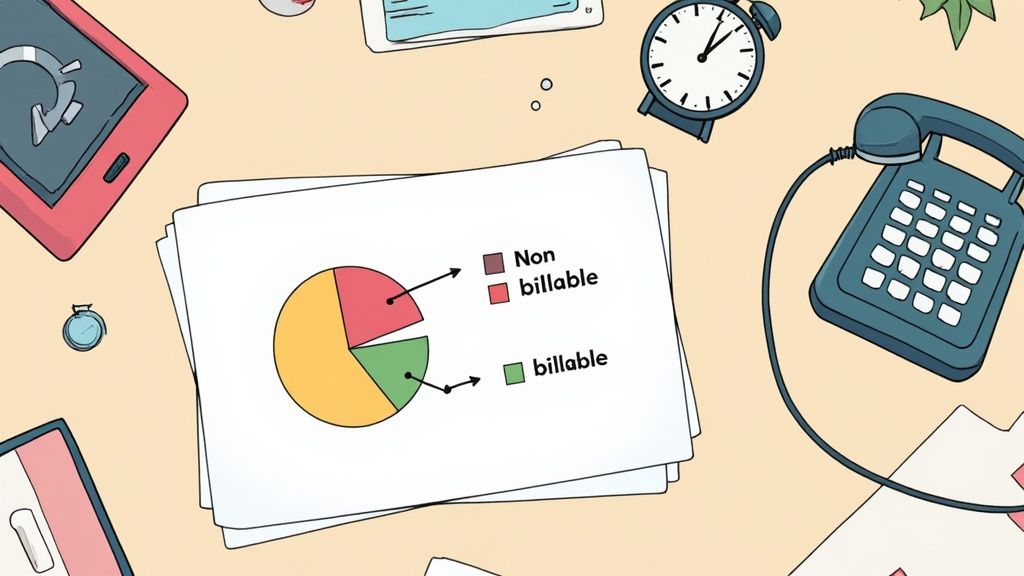 Pie chart showing billable versus non-billable hours on desk with phone and clock