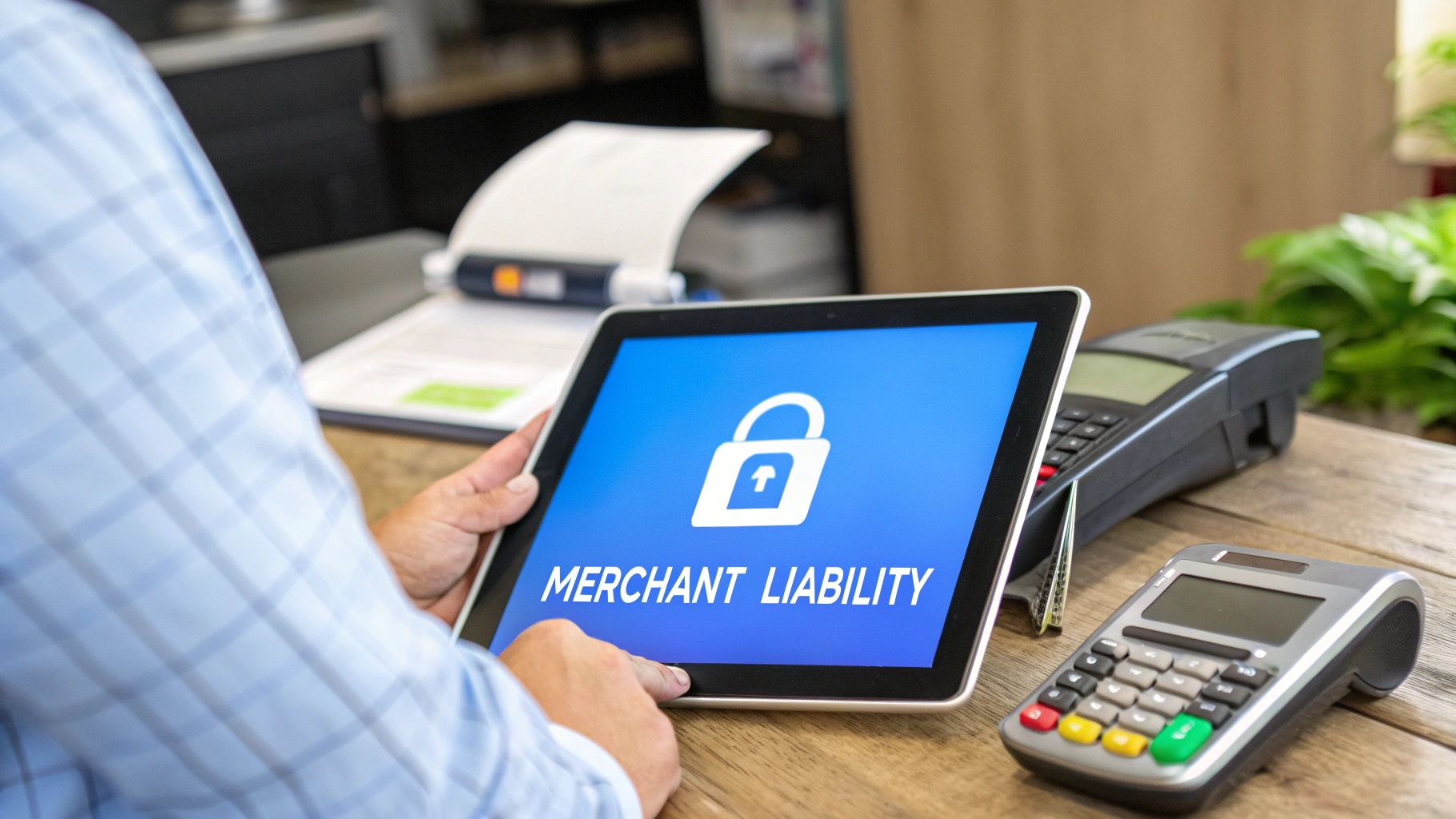 A man reviews merchant liability on a tablet, with payment terminals nearby for secure credit card transactions.