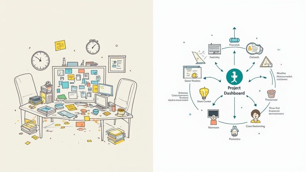 A team collaborating around a table, illustrating the core of project management.