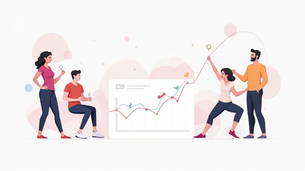 A group of diverse remote employees collaborating effectively on a project, with digital overlays showing time and task management.
