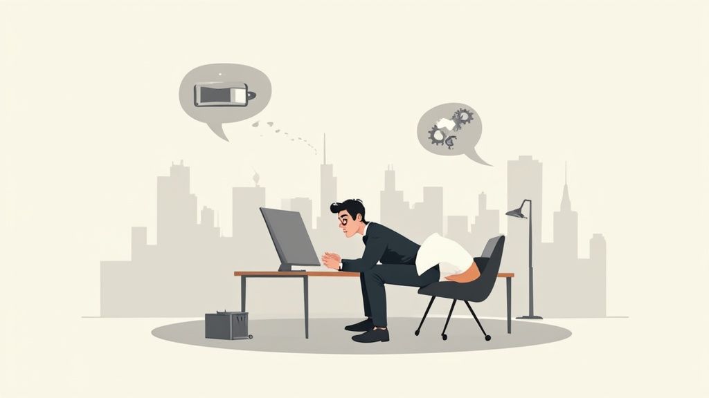 An employee looking tired and stressed while working at a desk with a laptop.