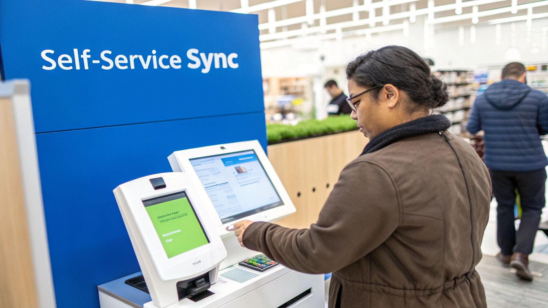 A customer using a self-service kiosk to place an order in a modern retail store.