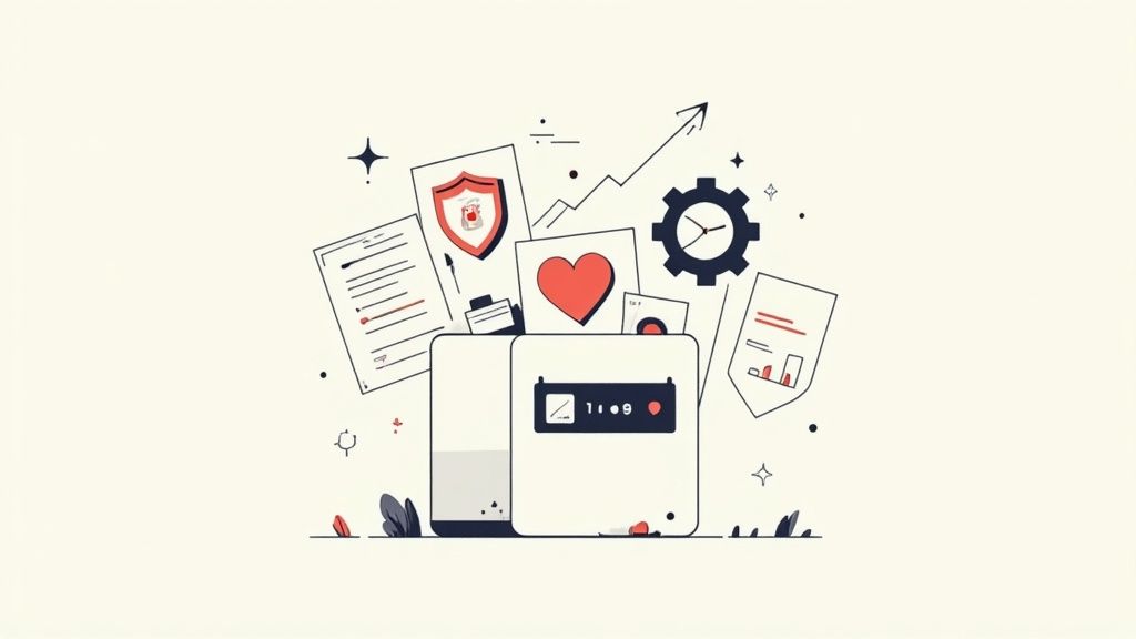 A graphic illustrating business and personal concepts like time management, security, health, and growth.