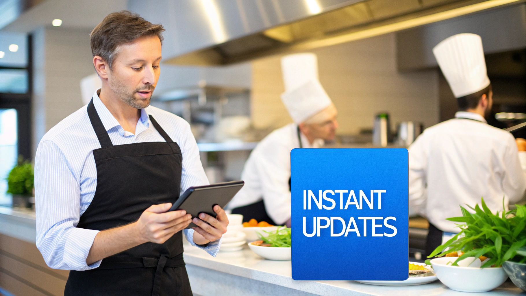 Restaurant manager using a tablet to update menus