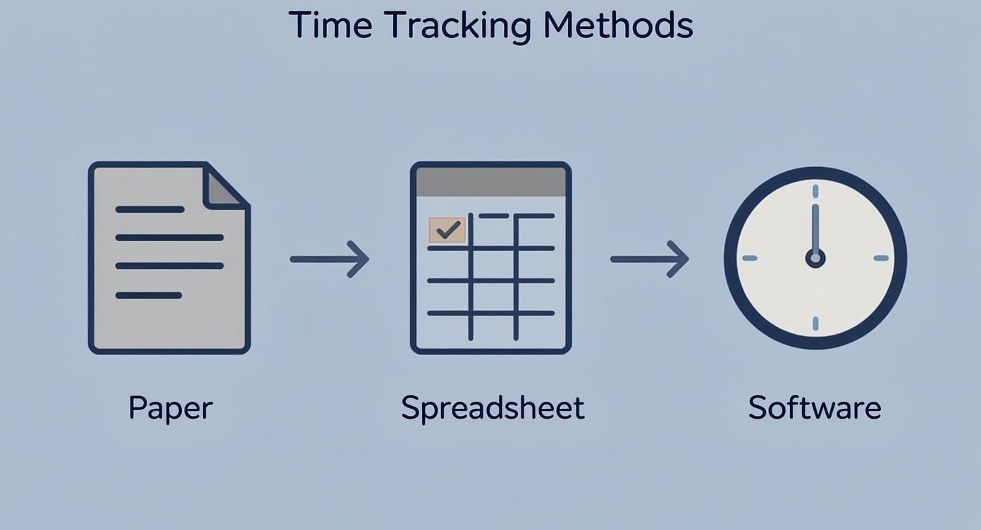 Infographic showing the process flow of time tracking methods from paper to spreadsheets to software.