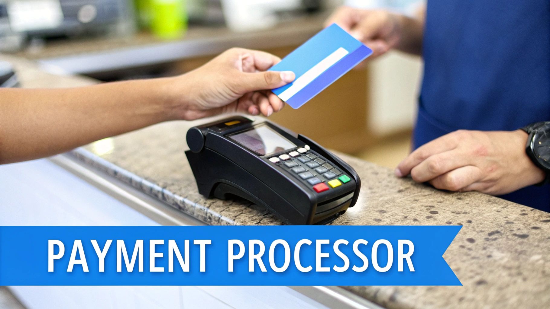 A person tapping their credit card on a payment terminal.